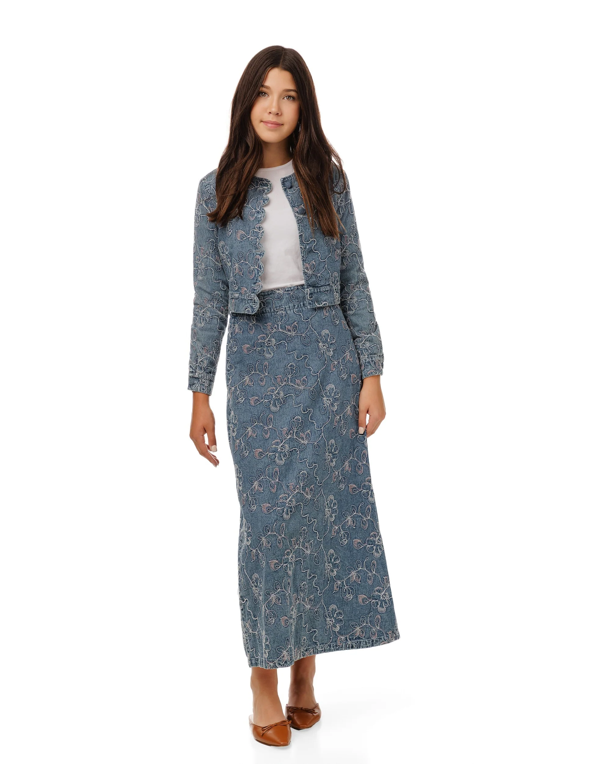 Abstract Embroidery Denim Top