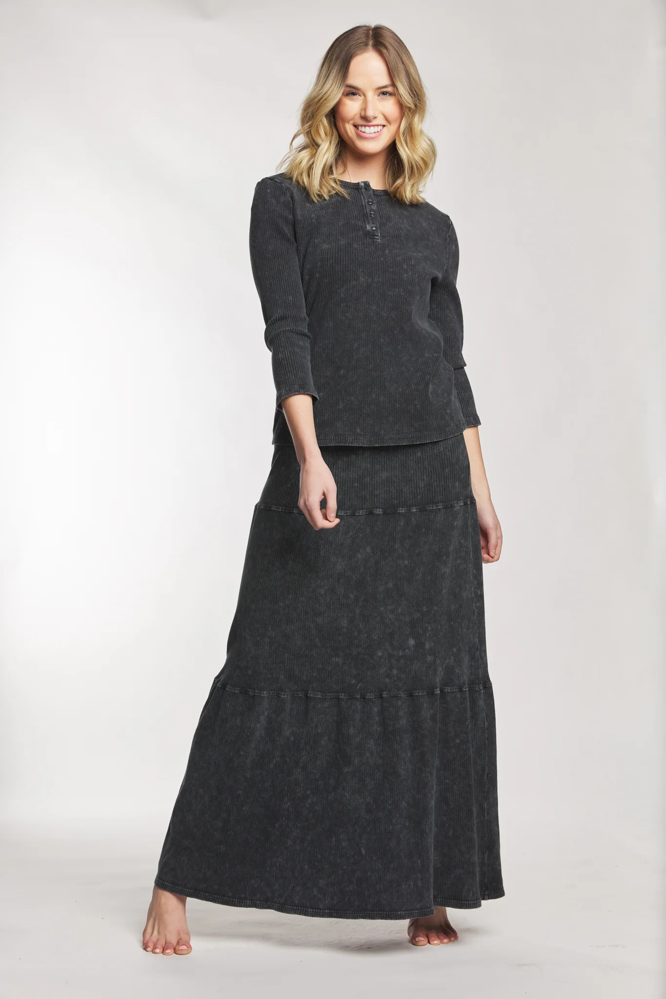 Black Washed Out Ribbed Top With Black Buttons