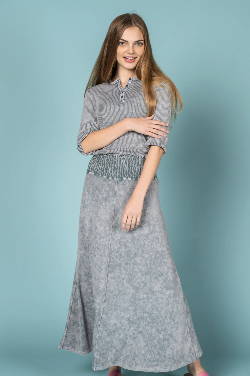 Grey Washed Ribbed A-Line Skirt
