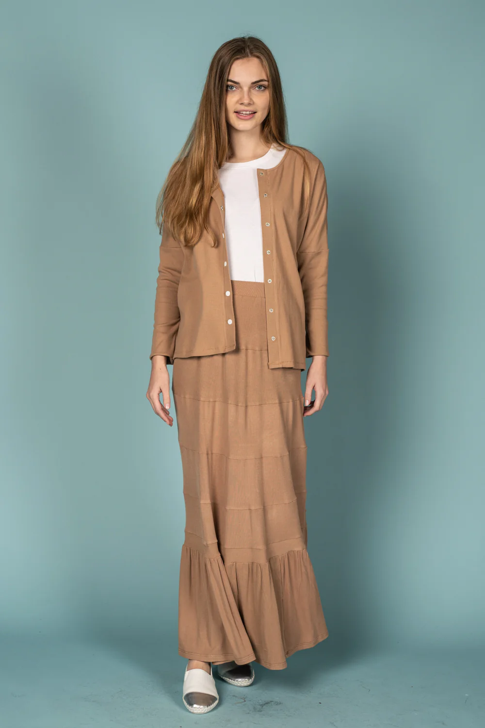 Tan Ribbed Maxi Skirt