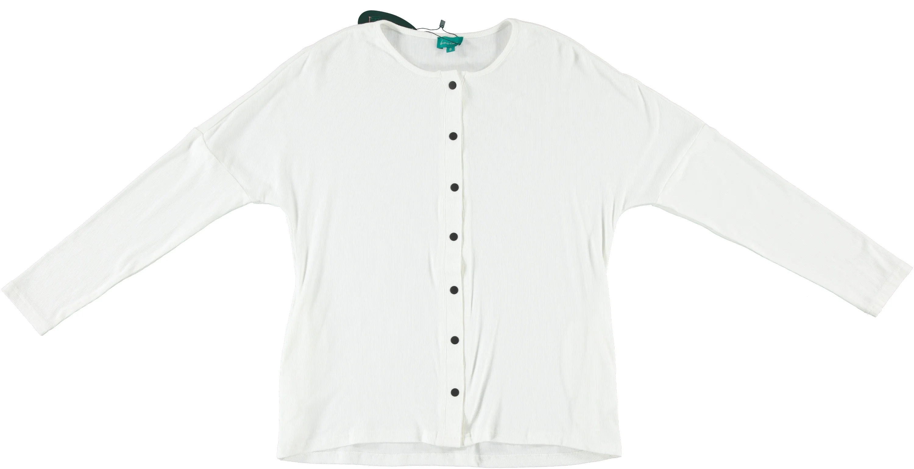 White Ribbed Button Up Top With Black Snaps And A Thin Pocket - Image 2