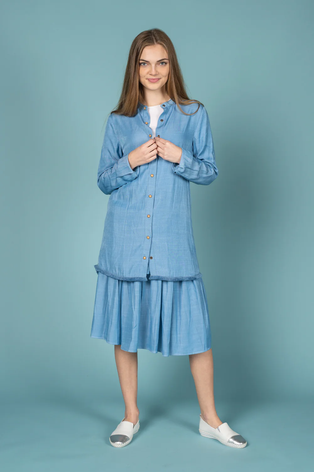 Light Blue Button Up Cardigan With Distressed Bottom Trim