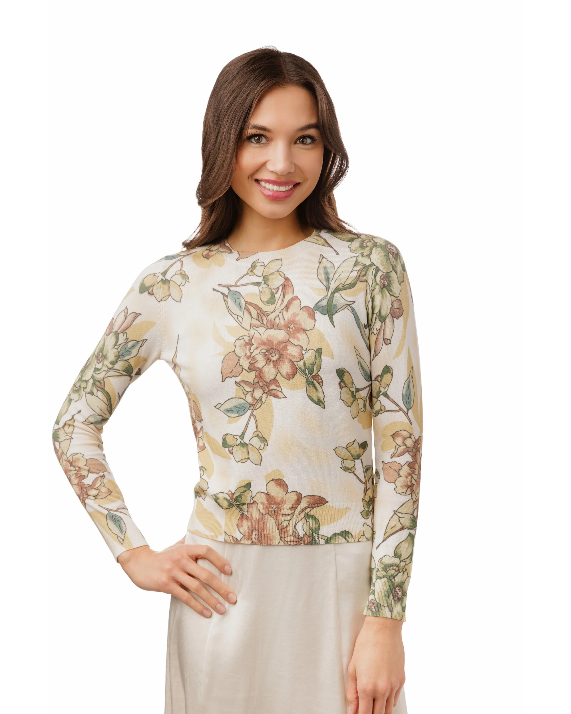 Beige Floral Ivory Knit Top