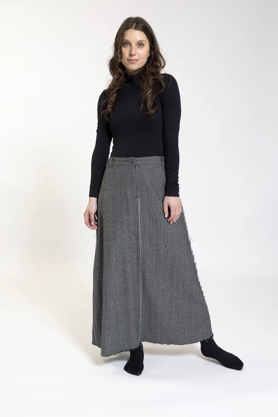 Black And White Herring Bone, Fringed Skirt