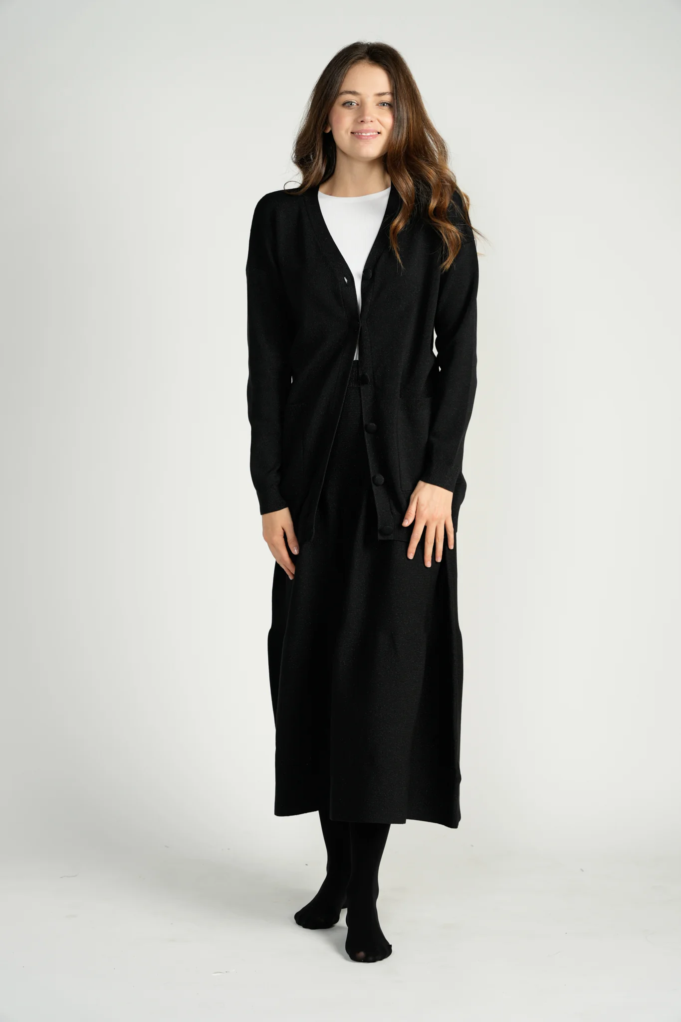 Black Metallic Knit Cardigan With Matching Buttons