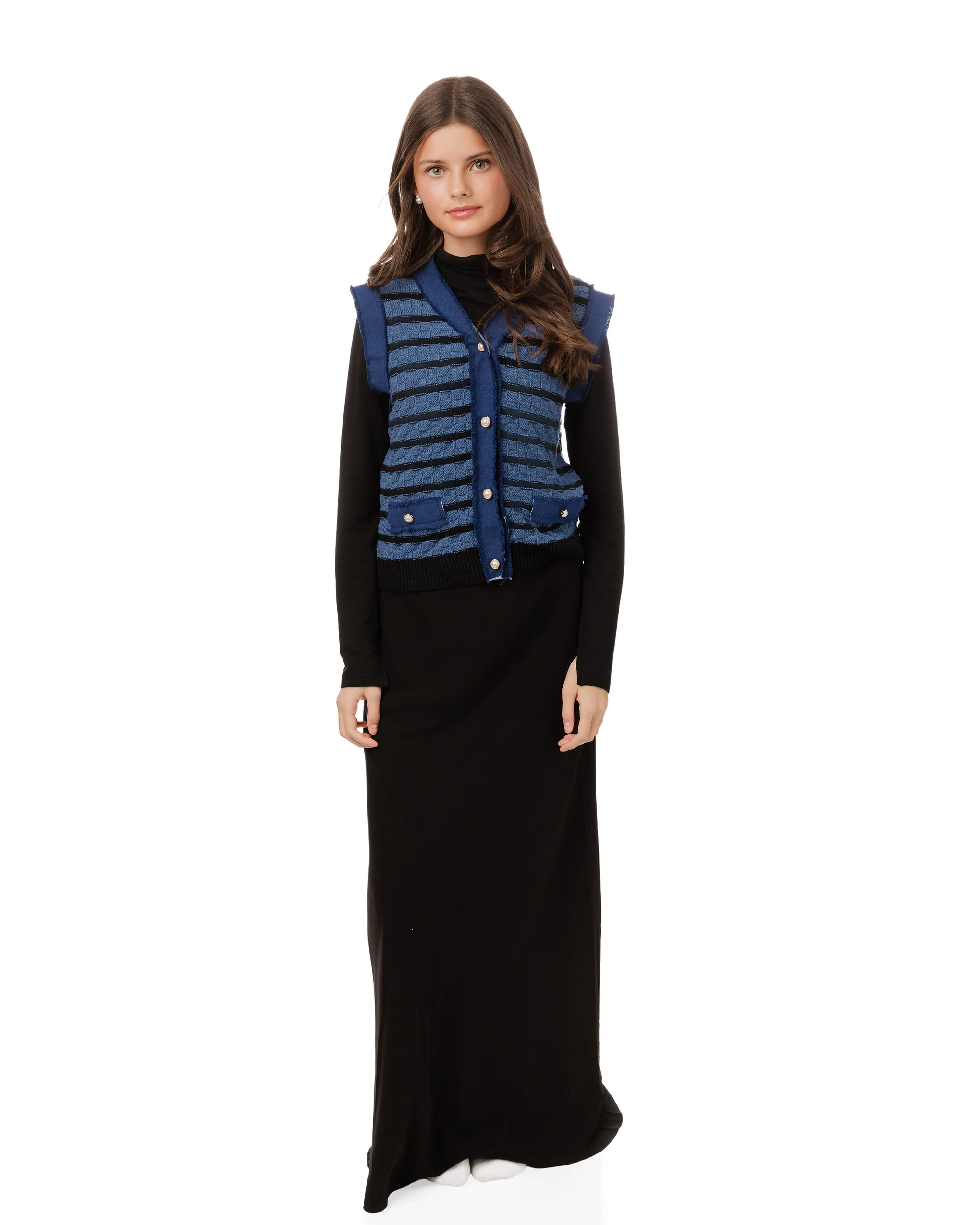 Blue And Black Striped Knit Denim Vest