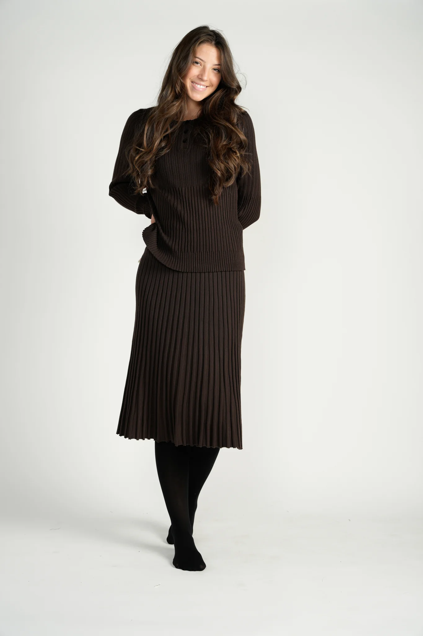 Dark Brown Knit Ribbed Top With Marled Buttons - Image 2