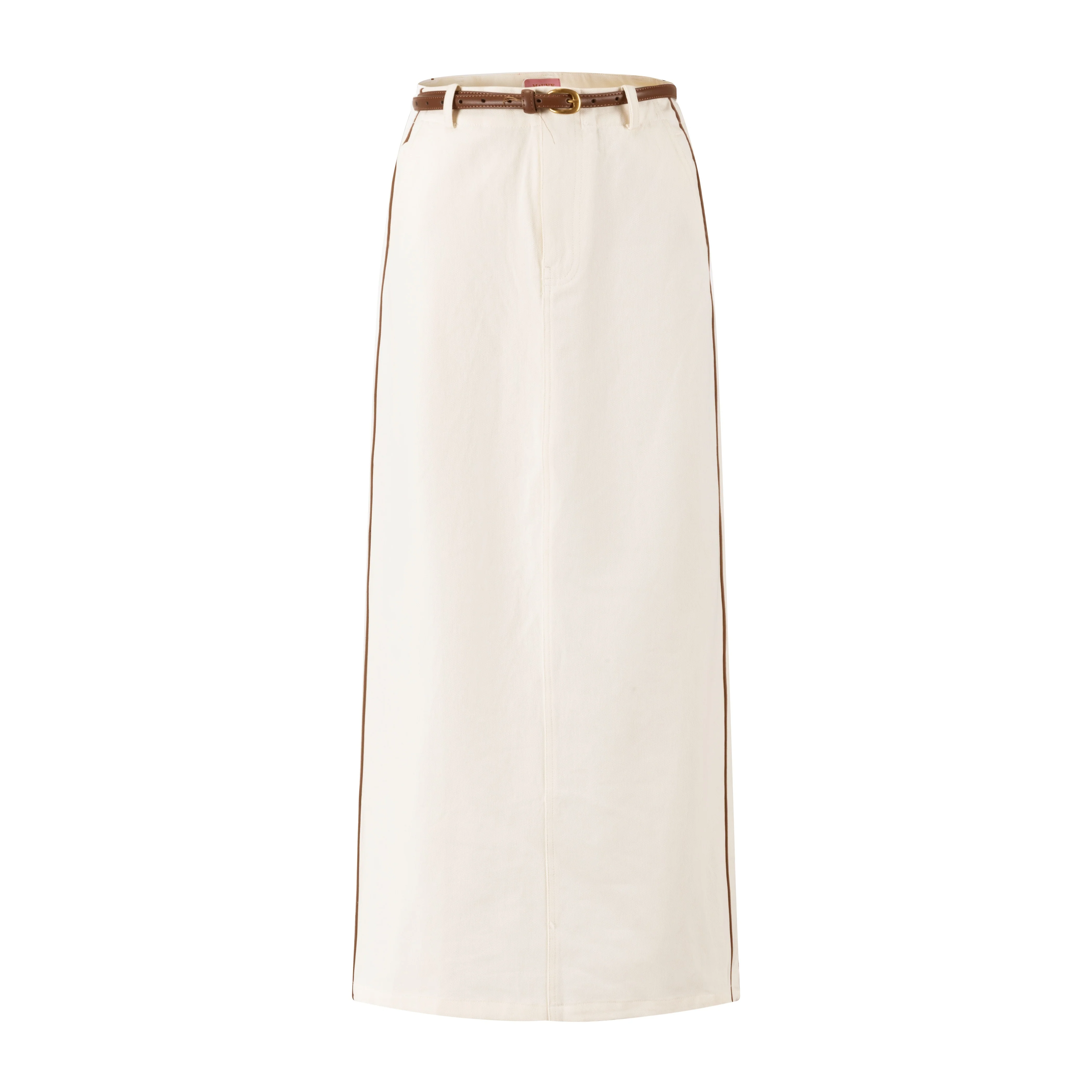 Denim Skirt With Brown Stitching And Belt - Ivory - Image 3