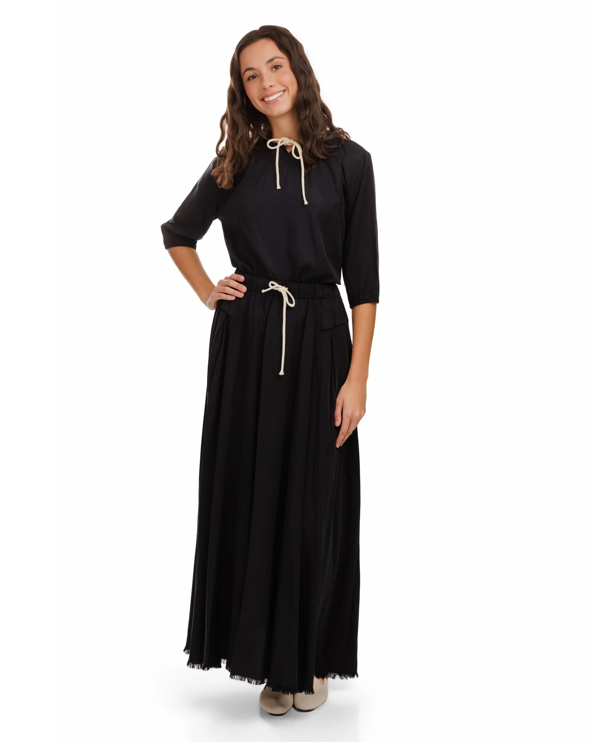 Drawstring Neckline Top- Midnight