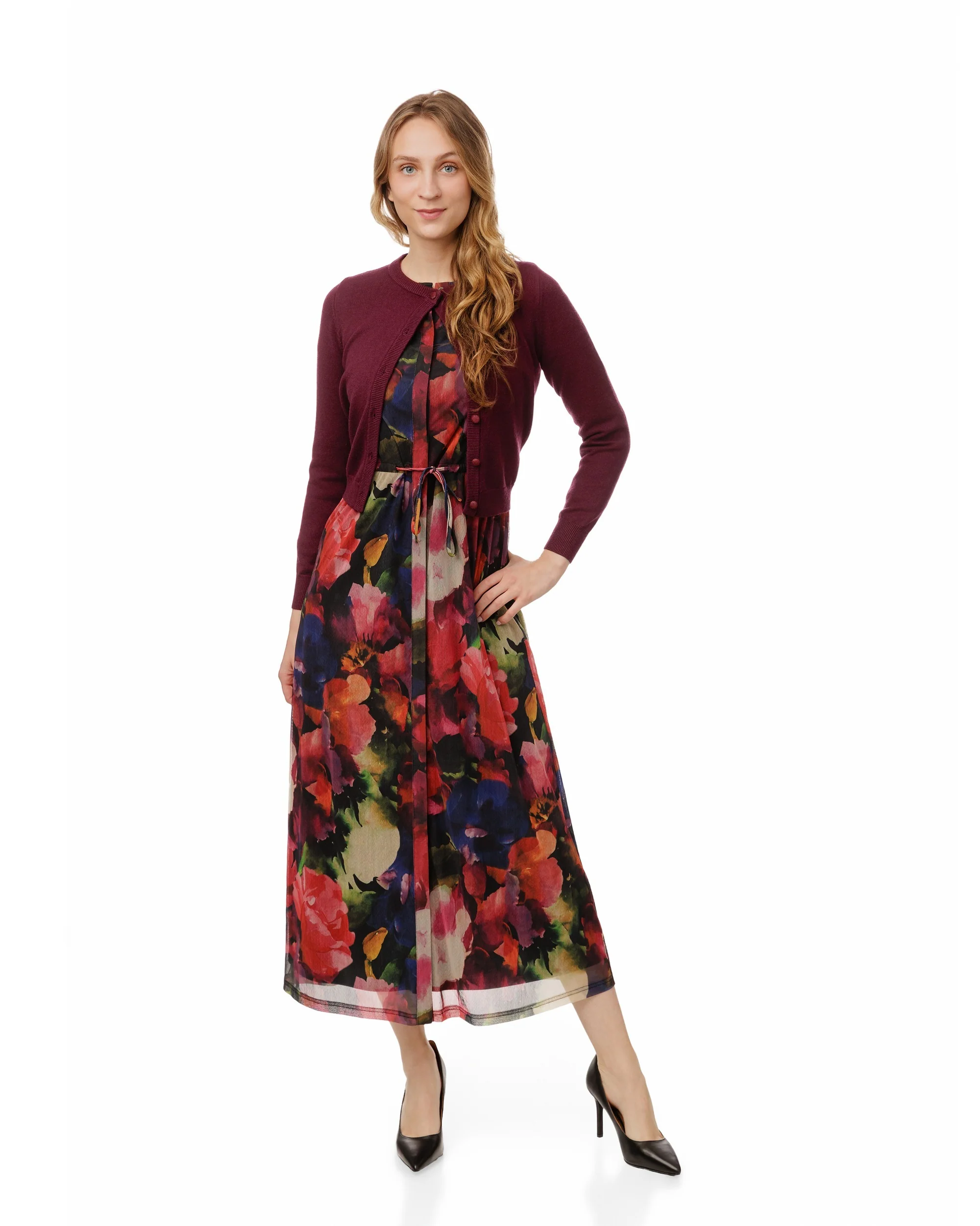 Floral Printed Dress With Burgundy Cardigan