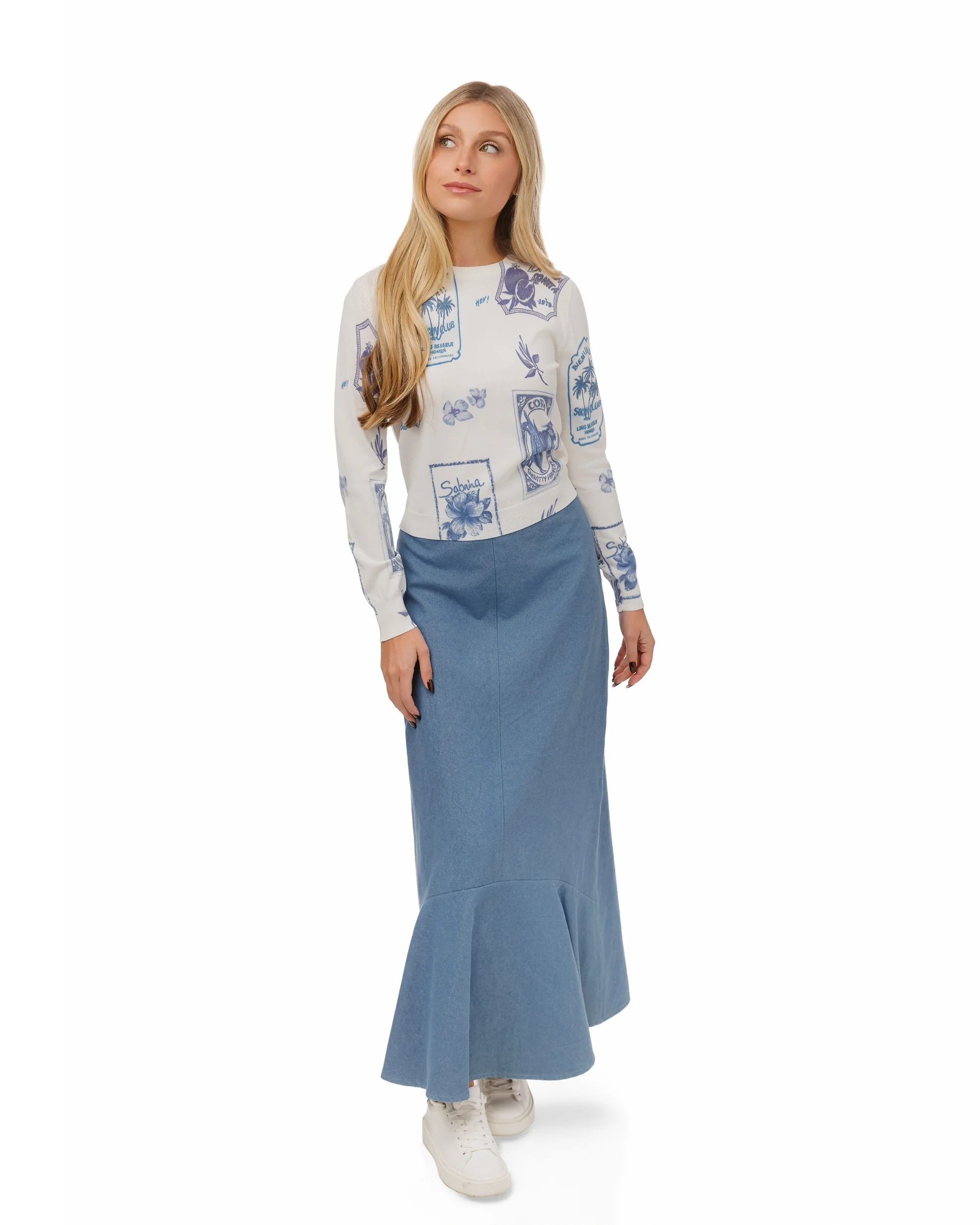 Flower Patch Print White Knit Top - Blue
