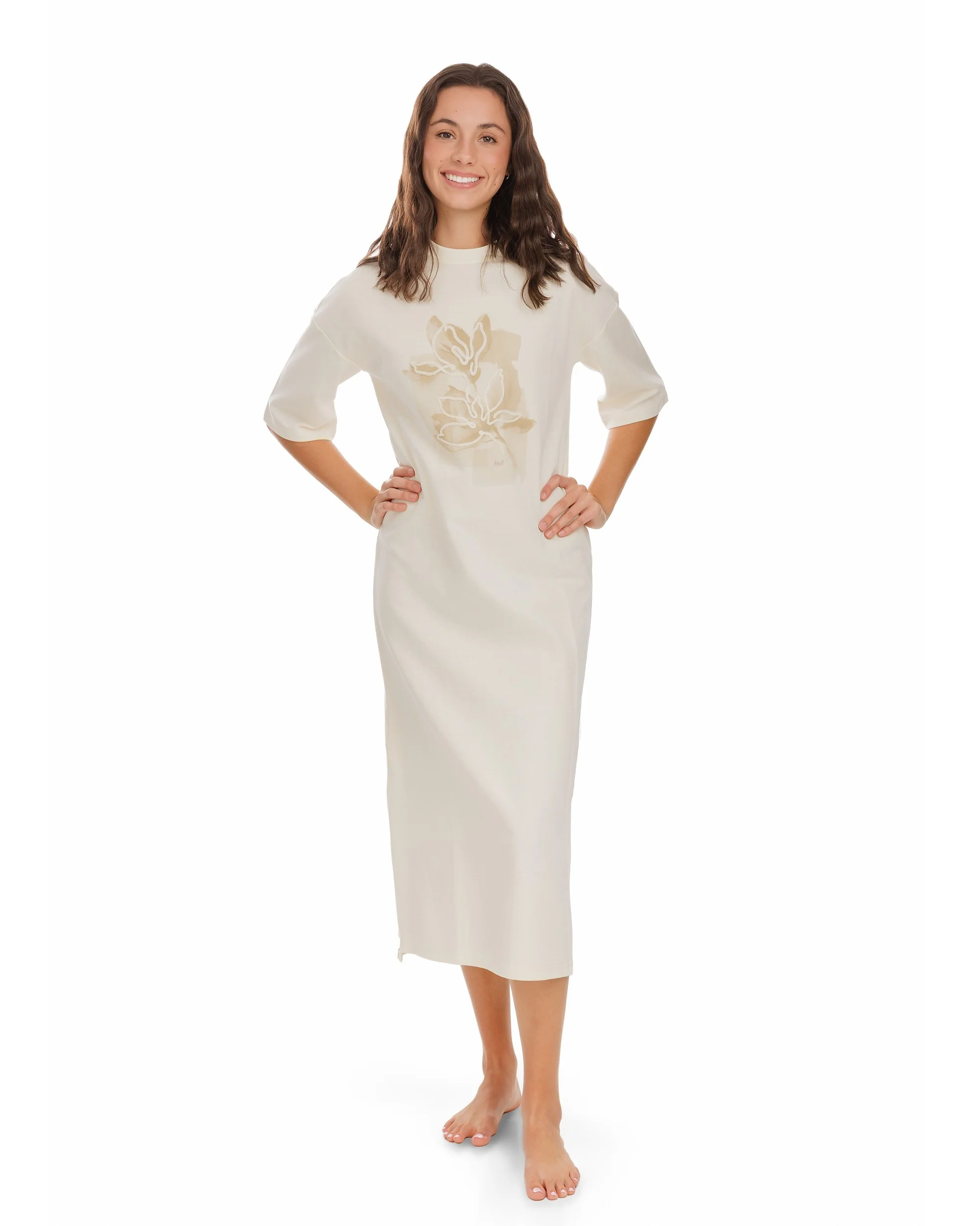 Graphic Embordered Box Tee Dress - Cream