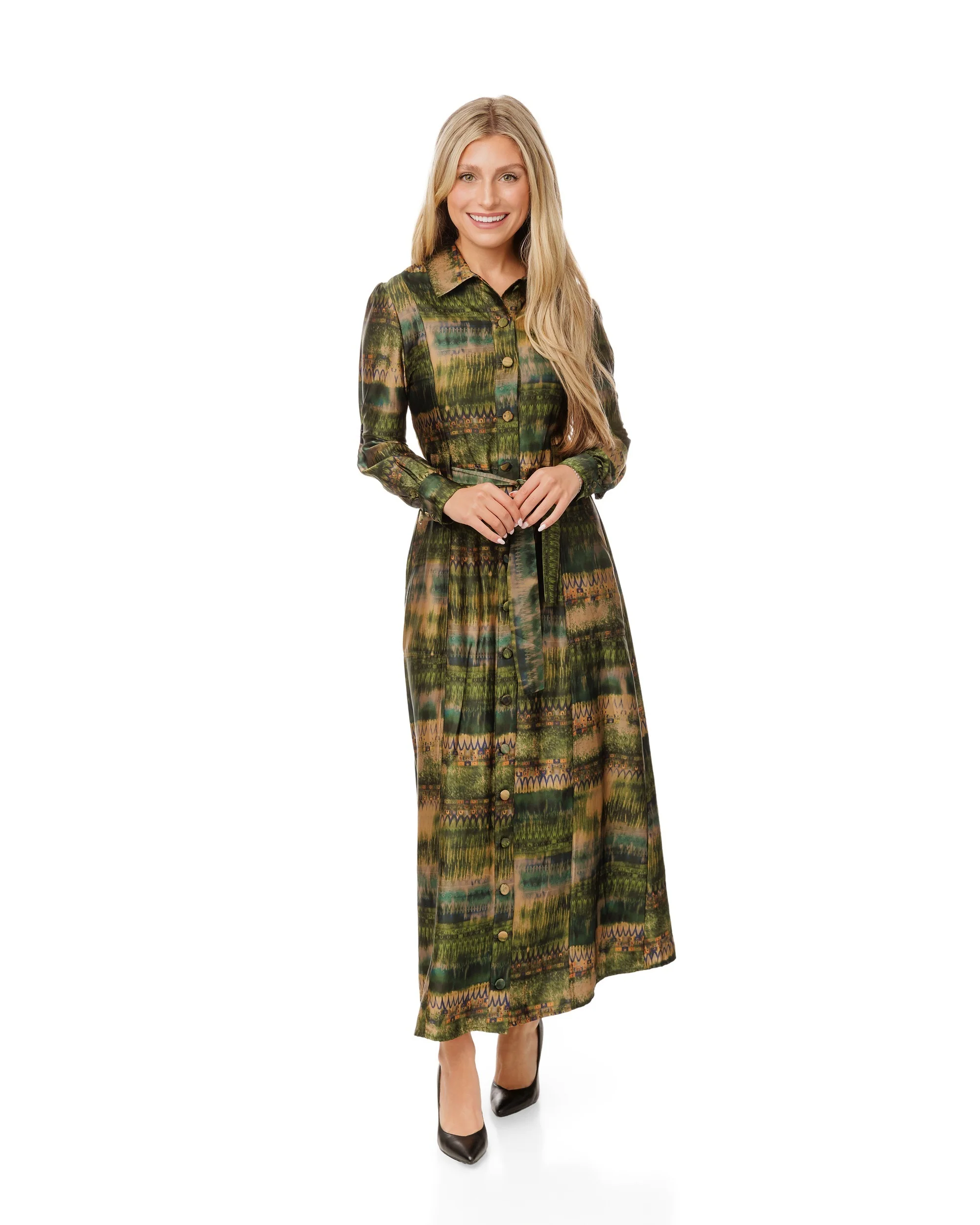 Green Abstract Printed Shirt Dress - Image 2