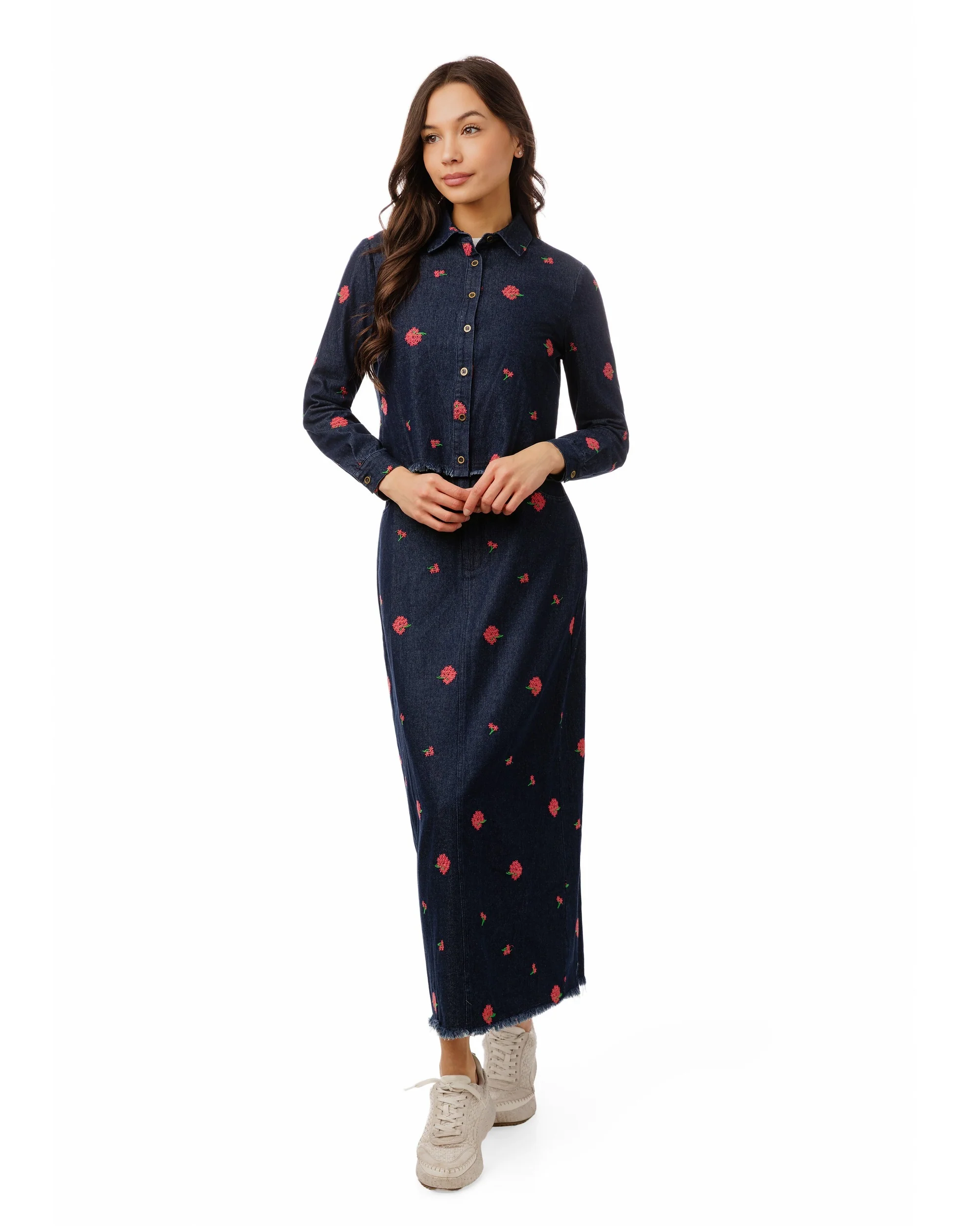 Red Flowers Embroidered Denim Top - Dark Blue