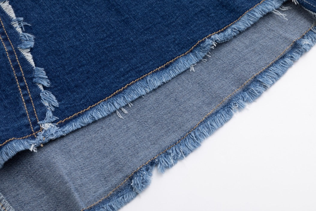 Side Frayed Denim Skirt - Blue Denim - Image 4