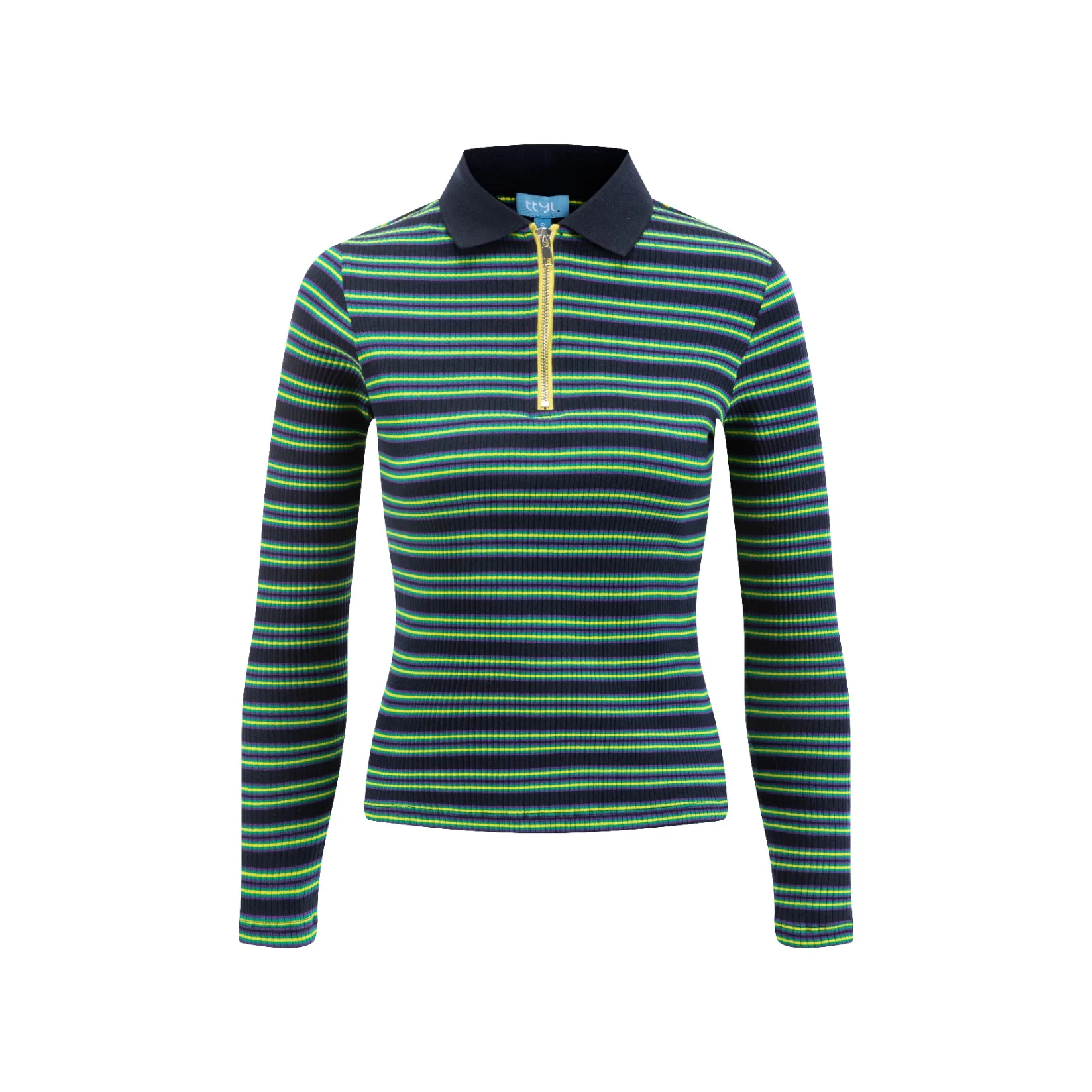 Striped Ribbed Polo T-Shirt - Navy/Yellow