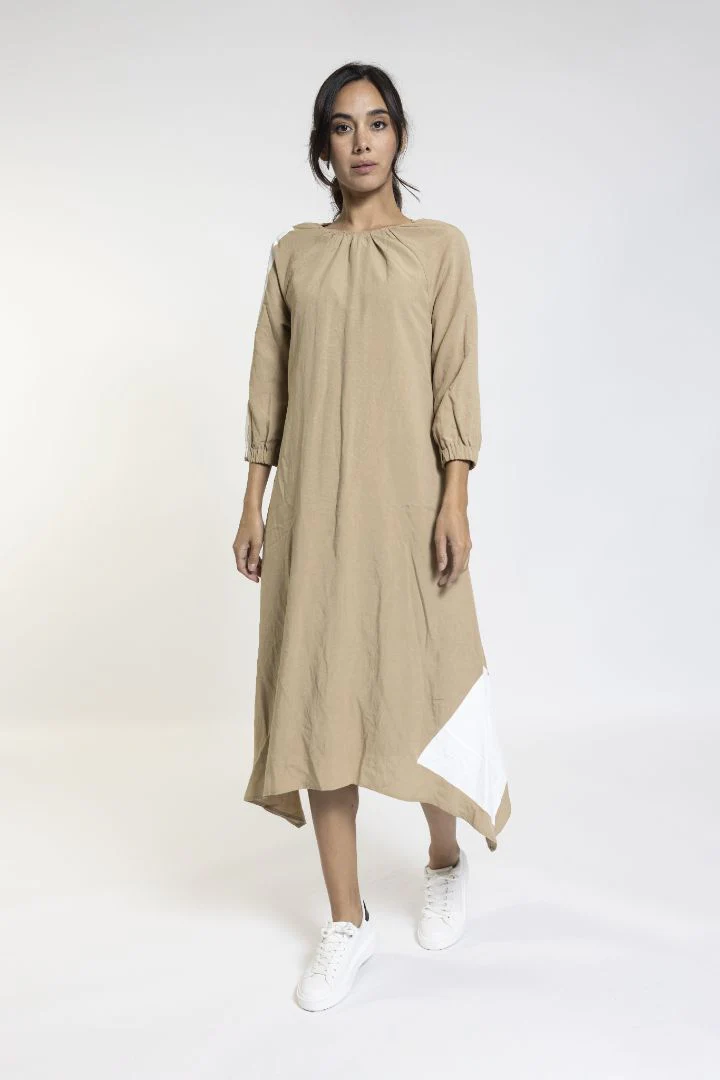 Tan And White Blocked Dress