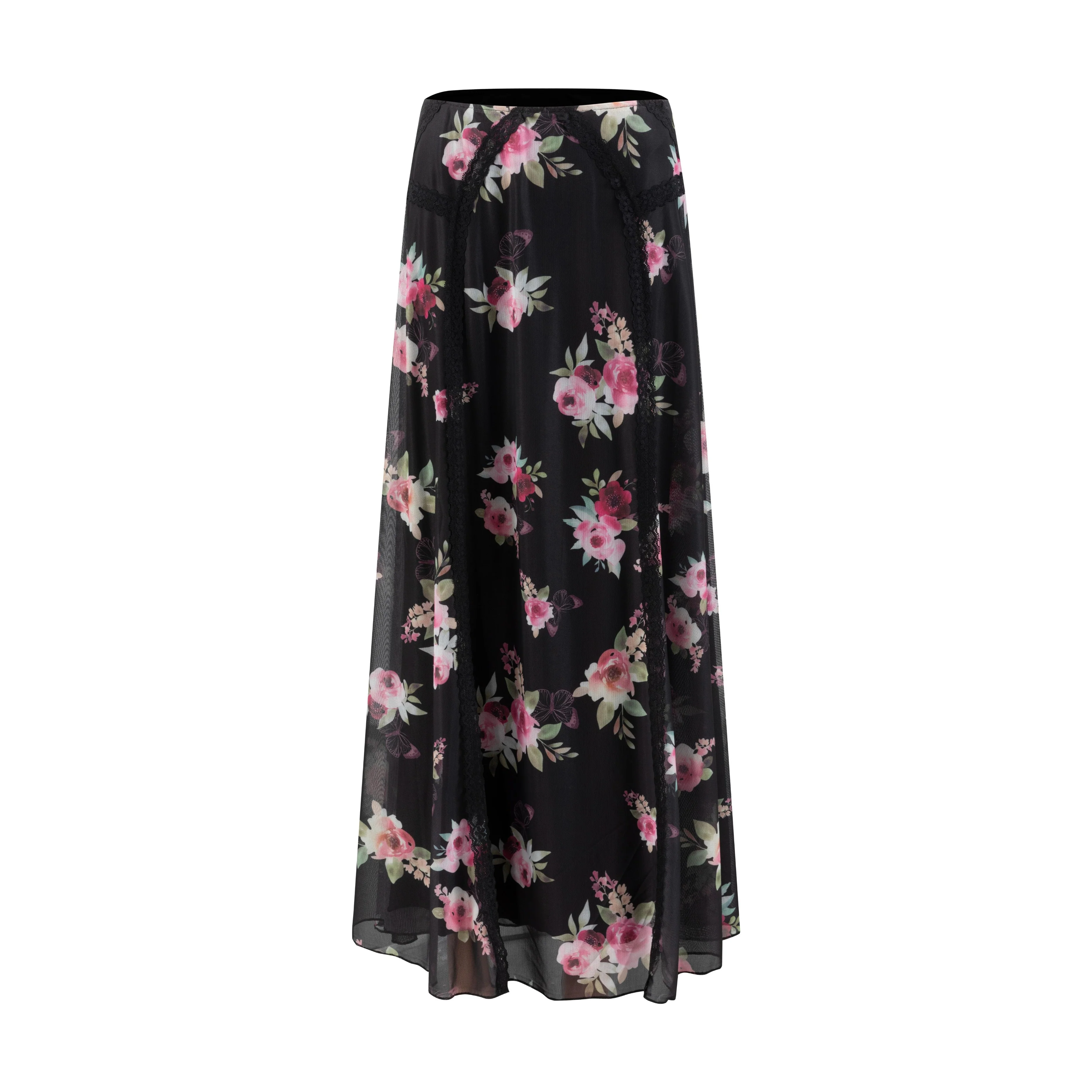 Black And Pink Floral Mesh Skirt - Image 2