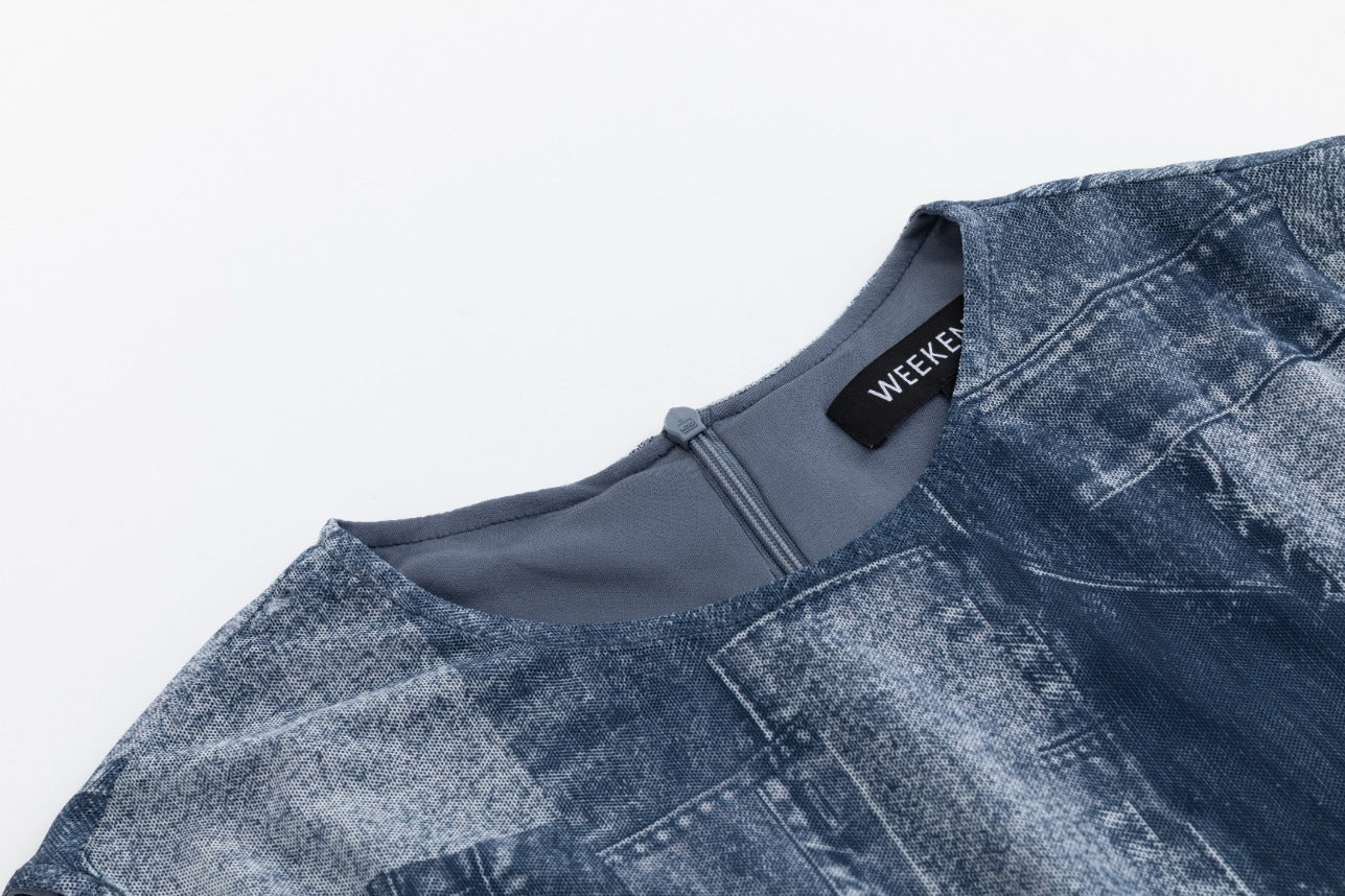 Navy Imitate Denim Printed Mesh Top & Slip Dress - Image 5