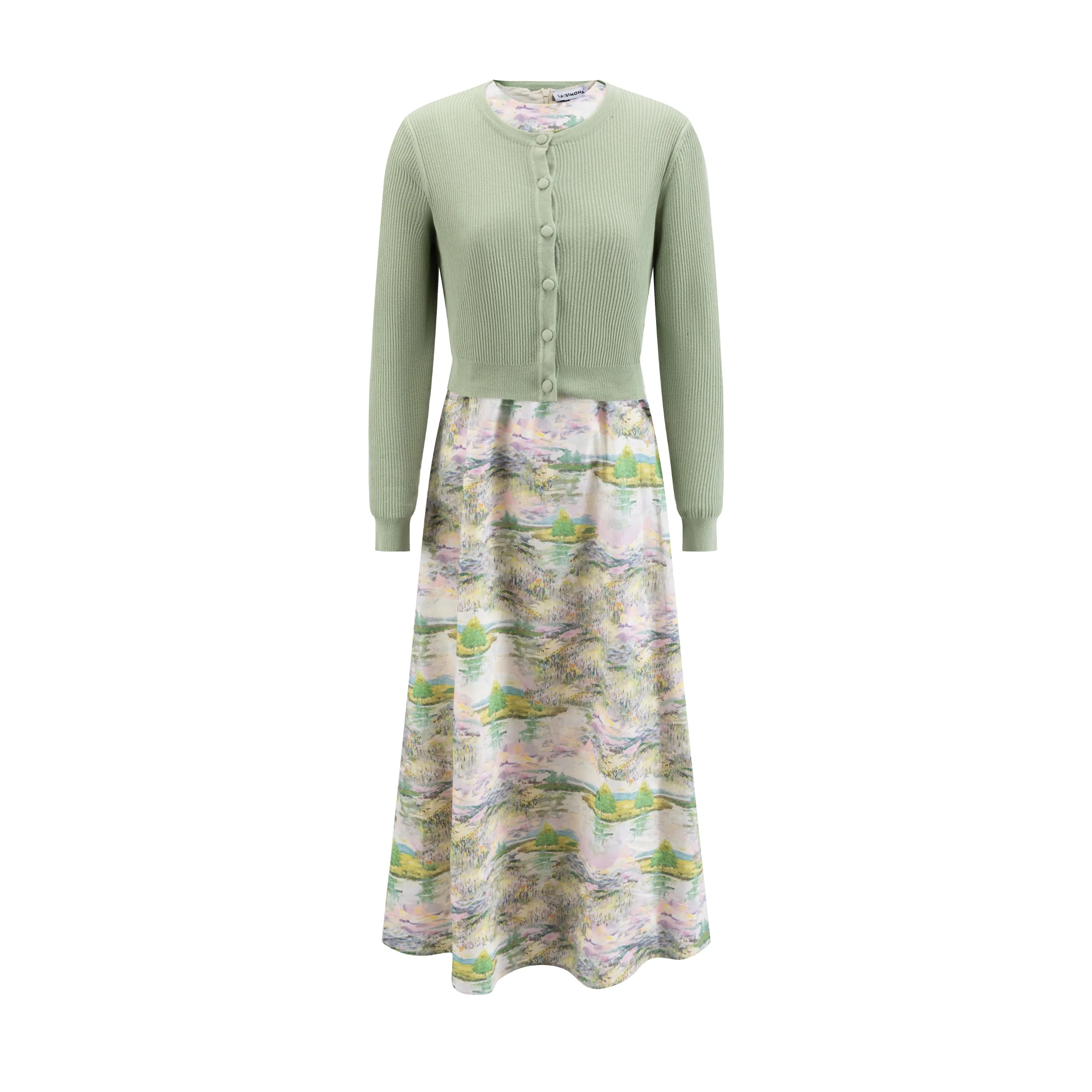 Sage Green Cardigan & Multicolor Printed Dress - Image 2