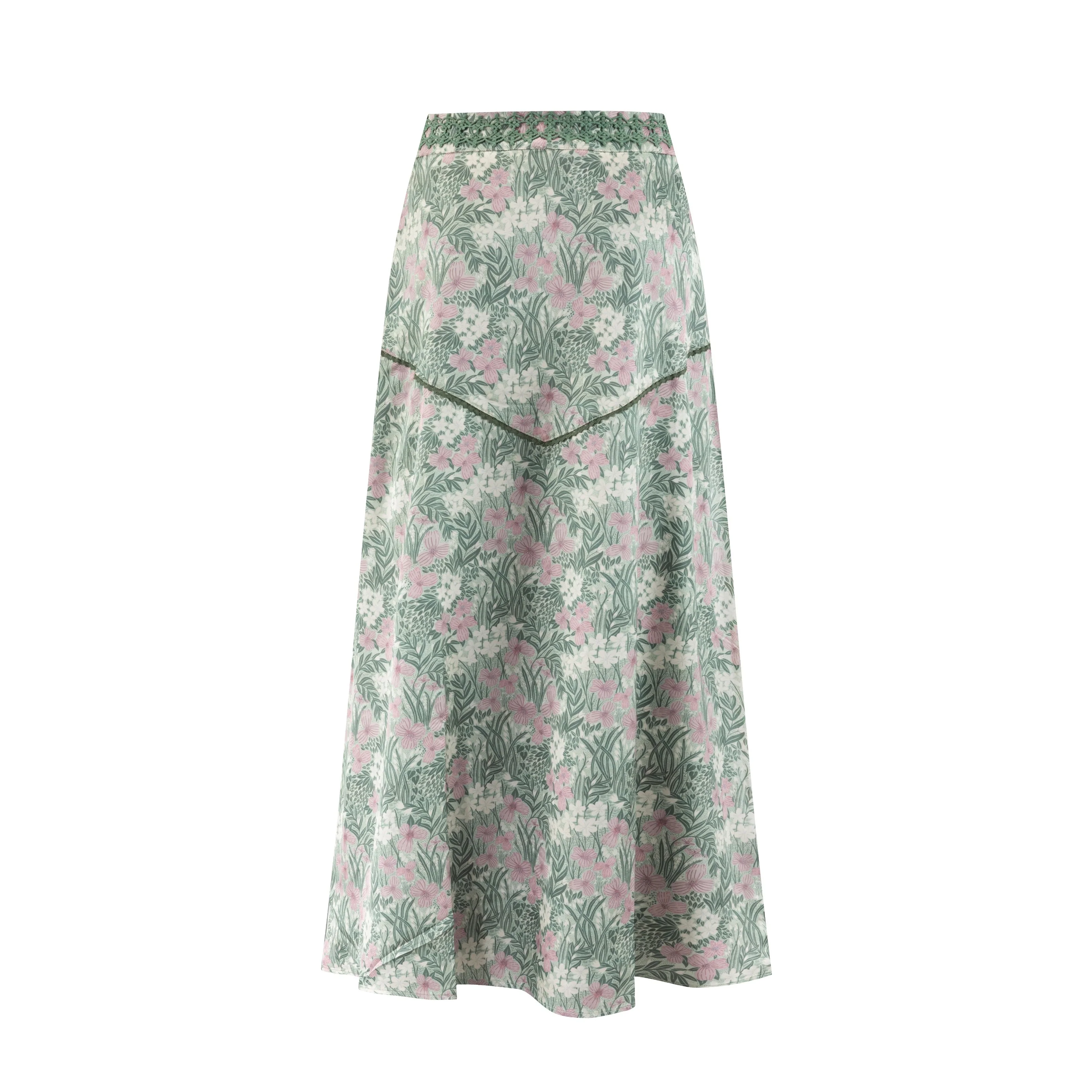 Green And Pink Printed Lace Skirt - Image 3