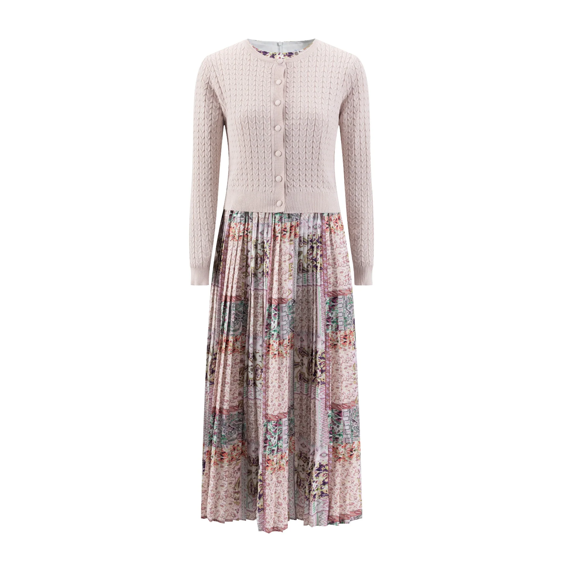 Multicolored Printed Pleated Dress With Pink Overlay - Image 2