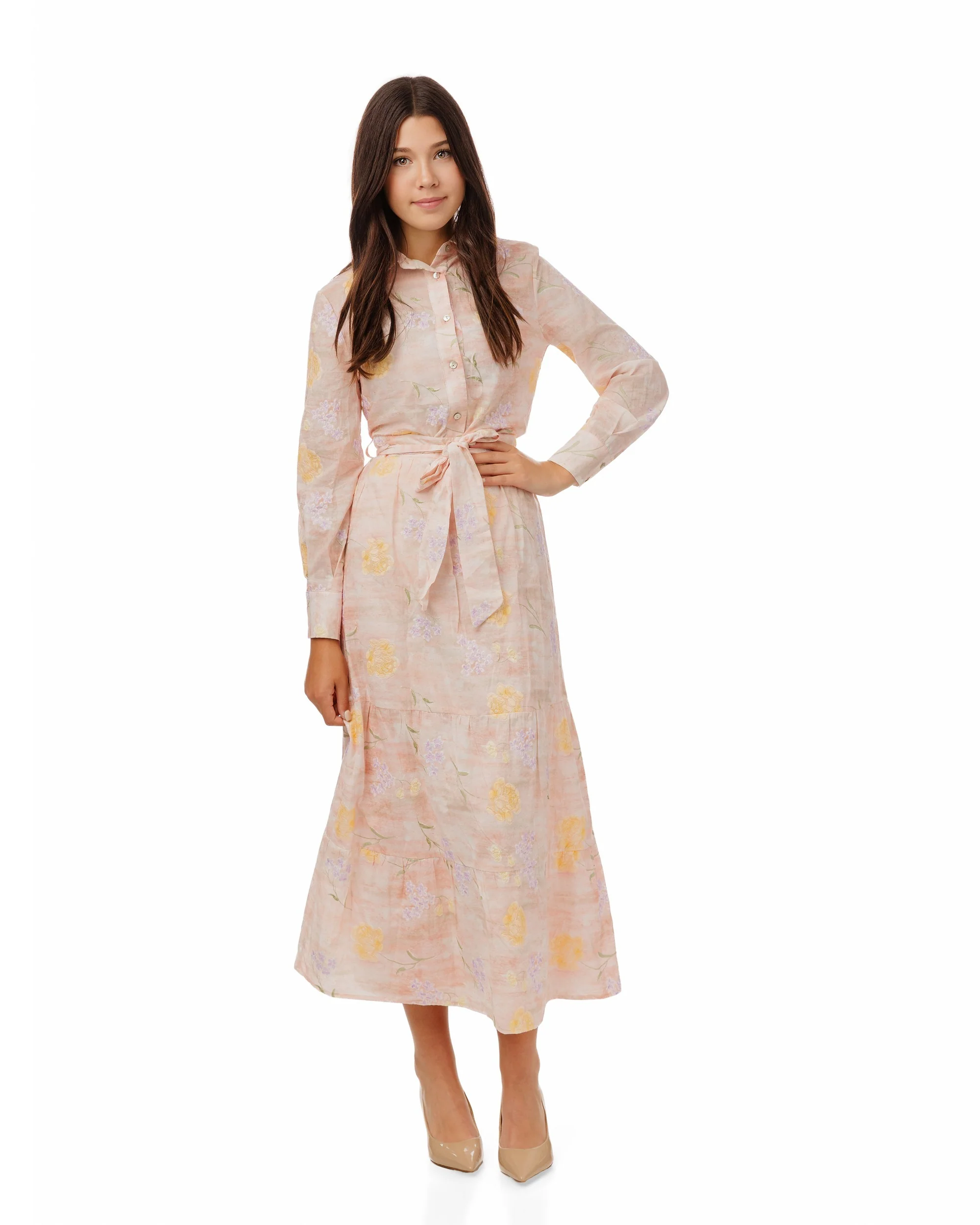 Yellow And Violet Floral Embroidered Shirt - Pink